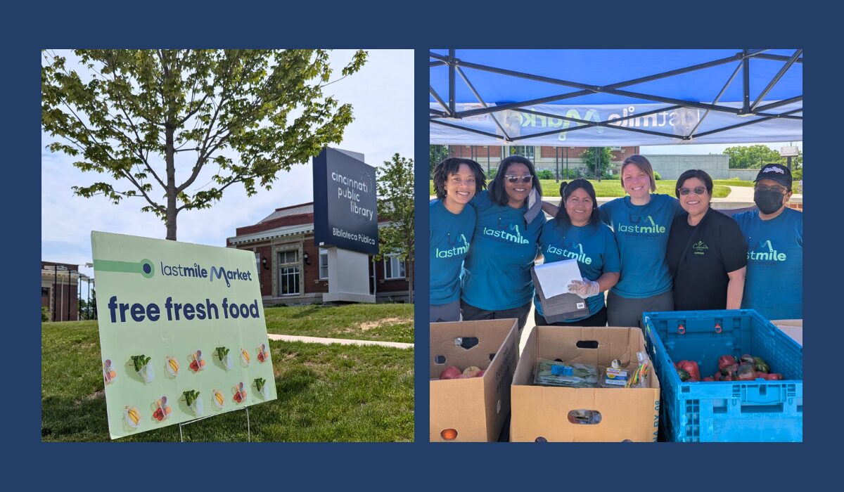 Last Mile Market volunteers pose with boxes of fresh food at a mobile market site outside the Cincinnati Public Library.