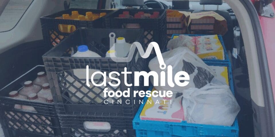 Crates of rescued food ready for delivery by Last Mile Food Rescue volunteers in Cincinnati, helping fight food waste and hunger.